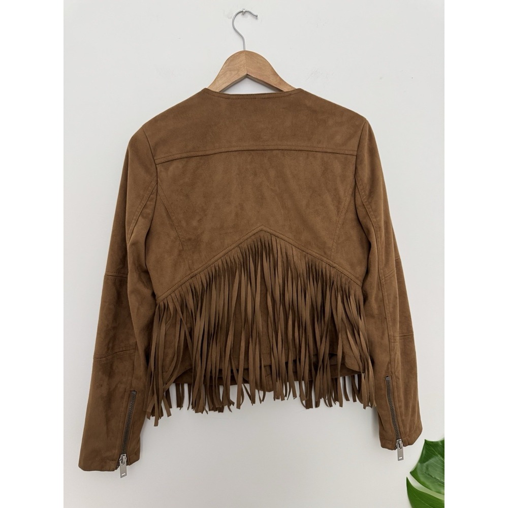 Faux Suede Jacket Women Small Western Fringe Boho Open Front Tan Coastal Cowgirl - Picture 1 of 11